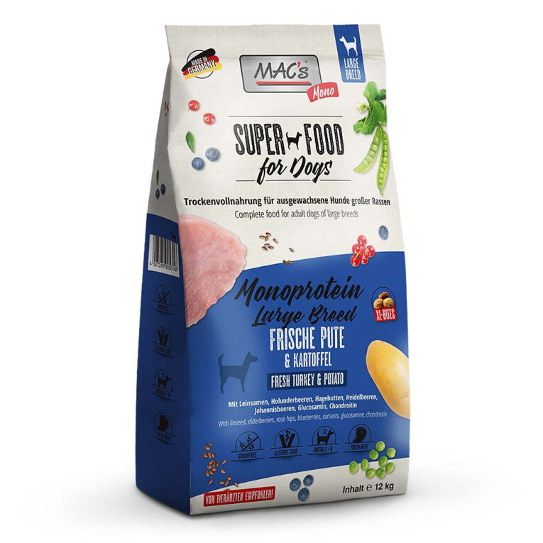 MAC's Dog Mono Large Breed 12 kg MAC’s Large Breed wurde speziell für großrassige ausgewachsene Hunde entwickelt. Der hohe Fleischanteil sowie die Kombination aus Obst und Gemüse sorgen für eine ausgewogene Ernährung. Die große Krokette und der reduzierte Fett- und Proteingehalt sind optimal auf die Bedürfnisse größerer Hunde abgestimmt. MAC’s Adult Large Breed ist ein Super Premium Produkt