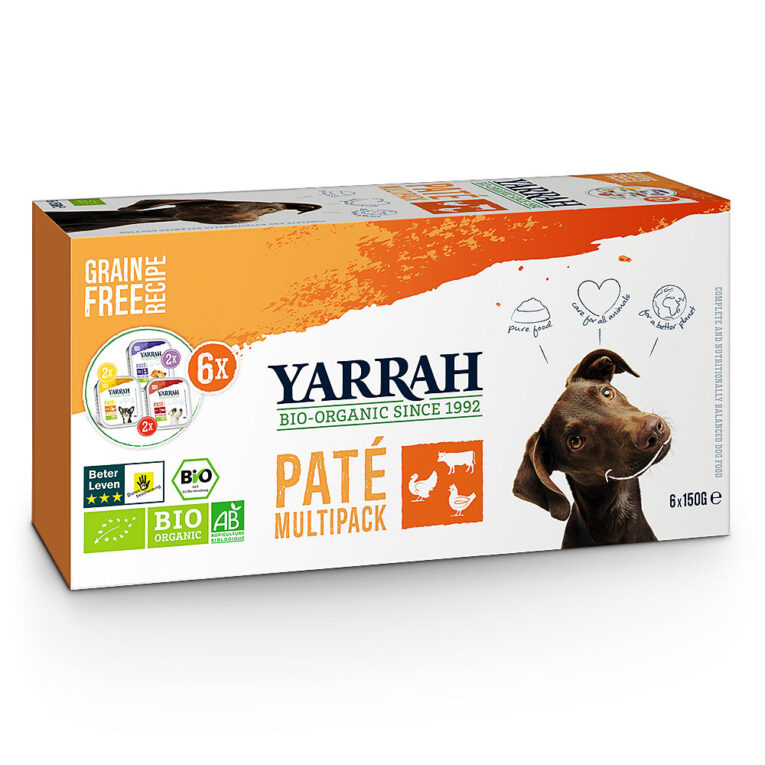 Yarrah - Nassfutter - Bio Paté Multipack für Hunde (getreidefrei) Das Bio Paté Nassfutter Multipack für Hunde von Yarrah bietet ein ausgewogenes und getreidefreies Alleinfuttermittel für ausgewachsene Hunde aller Rassen. Der Multipack beinhaltet 6 x 150g Packungen mit 3 verschiedenen Sorten. Dazu gehören 2 x 150g Yarrah Paté Rind mit Spirulina