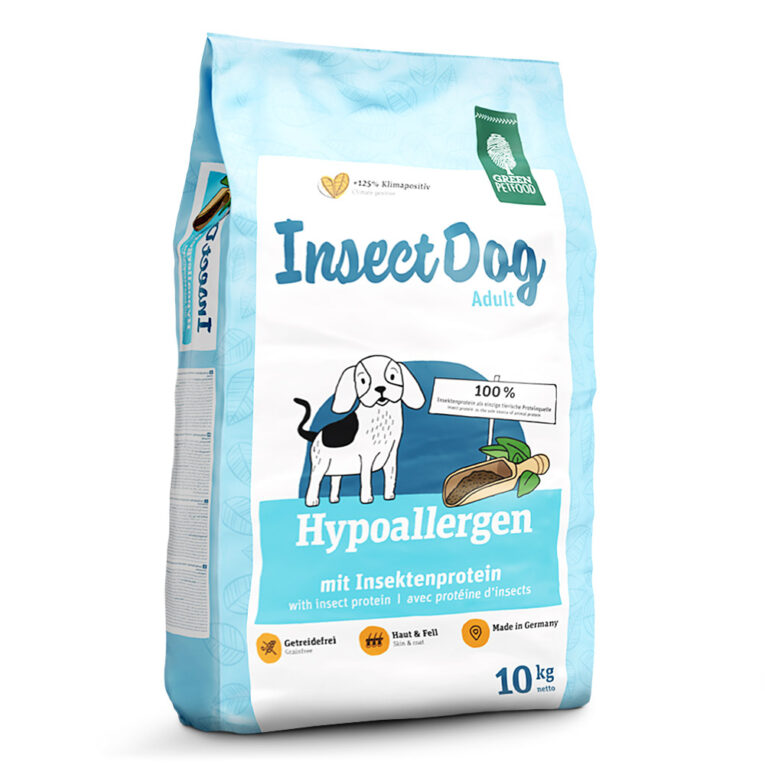 Green Petfood - Trockenfutter - InsectDog hypoallergen (getreidefrei) InsectDog hypoallergen von Green Petfood ist ein ökologisches und artgerechtes Trockenfutter für ausgewachsene Hunde aller Rassen. Es besteht zu 100% aus hochwertigem Insektenprotein als einzige tierische Proteinquelle. Die Verwendung von Insekten für gesunde Tiernahrung ist im Vergleich zu vielen anderen tierischen Inhaltsstoffen eine sehr nachhaltige Alternative. Die Aufzucht der Insekten für die Herstellung des Futters verbraucht wesentlich weniger CO2-Emissionen. Zudem liefern Insekten Ihrem Hund besonders wichtige Proteine und wertvolle Fettsäuren