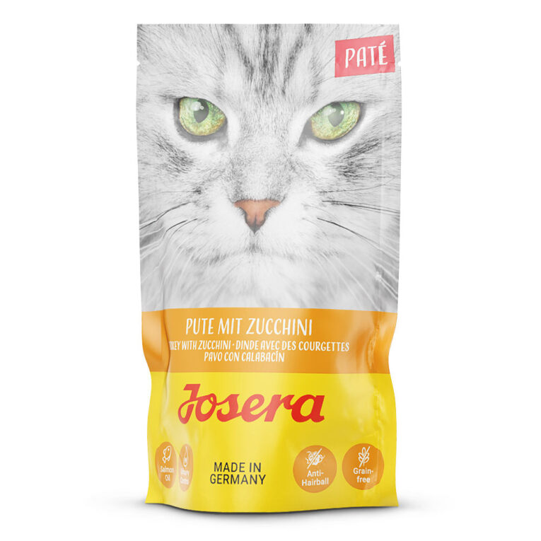Josera - Nassfutter - Paté Pute mit Zucchini JOSERA Paté verwöhnt Ihren Liebling mit 70 % Pute sowie Gemüse und bietet durch eine vielfältige Auswahl an Geschmackskombinationen Abwechslung im Speiseplan Ihres Lieblings. Das ausgewogene Nassfutter liefert neben hochwertigem Fleisch und Innereien auch alle essentiellen Nährstoffe