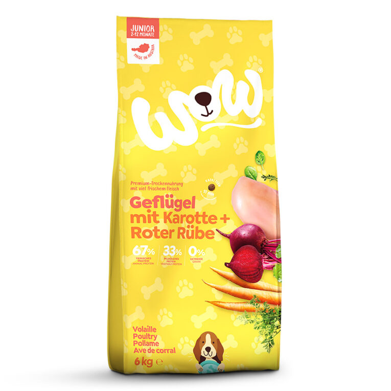 WOW - Trockenfutter - Junior Geflügel (getreidefrei) Junior Geflügel von WOW ist ein getreidefreies Trockenfutter für heranwachsende Hunde aller Rassen von 2-12 Monaten. Die ausgewogene Rezeptur mit viel frischem Geflügelfleisch versorgt Ihren Vierbeiner mit allen wichtigen Nährstoffen und Vitaminen. Durch die getreidefreie Zusammensetzung mit vielen natürlichen Rohstoffen ist das Trockenfutter Junior Geflügel gut verdaulich und ist auch für sensible Fellnasen geeignet. Die Krokettengröße von rund 12mm lässt sich von Hunden angenehm zerbeißen und kann zudem die Zahngesundheit Ihres Hundes positiv beeinflussen. Das Futter wird zu 100% in Österreich unter strengen Qualitätskontrollen hergestellt. Bei der Herstellung des Trockenfutters verzichtet WOW konsequent auf den Zusatz von Gluten