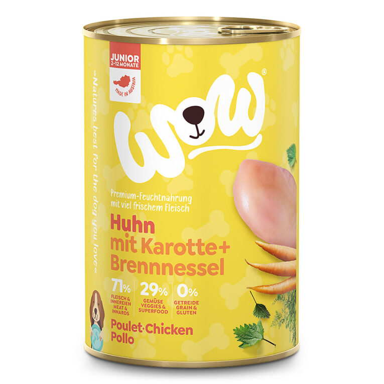 WOW - Nassfutter - Junior Huhn (getreidefrei) Das Nassfutter Junior Huhn von WOW ist ein getreidefreies Alleinfuttermittel für heranwachsende Hunde aller Rassen. Die Rezeptur ist speziell auf die Bedürfnisse junger Hunde im Wachstum abgestimmt und eignet sich für alle Hunde im Alter von 2 bis 12 Monaten. Das Nassfutter beinhaltet viel frisches Hühnerfleisch und wird durch schmackhafte Karotten ergänzt. So versorgen Sie Ihren Hund dank der ausgewogenen und natürlichen Zusammensetzung mit allen wichtigen Vitaminen und Nährstoffen. Durch die hochwertigen Inhaltsstoffe und die getreidefreie Rezeptur ist das Futter zudem sehr gut verdaulich und eignet sich auch für die Ernährung sensibler Junghunde. Bei der Herstellung ihres Hundesfutters verzichtet die Firma WOW konsequent auf den Zusatz von Gluten