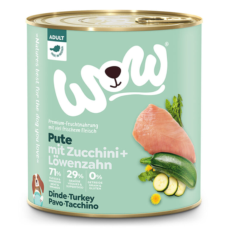 WOW - Nassfutter - Adult Pute (getreidefrei) Das Nassfutter Adult Pute von WOW ist ein getreidefreies Alleinfuttermittel für ausgewachsende Hunde aller Rassen. Die Rezeptur beinhaltet viel frisches Putenfleisch und wird durch knackige Zucchini sowie natürliche Zusätze ergänzt. So versorgen Sie Ihren Hund dank der ausgewogenen und natürlichen Zusammensetzung mit allen wichtigen Vitaminen und Nährstoffen. Durch die hochwertigen Inhaltsstoffe und die getreidefreie Rezeptur ist das Futter zudem sehr gut verdaulich und eignet sich auch für die Ernährung sensibler Hunde. Bei der Herstellung ihres Hundesfutters verzichtet die Firma WOW konsequent auf den Zusatz von Gluten