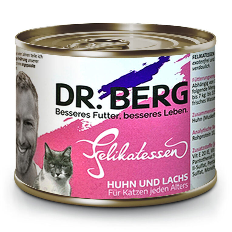 Dr. Berg - Nassfutter - Felikatessen Huhn und Lachs (getreidefrei) Dann sollten Sie Ihrer Katze FELIKATESSEN Huhn & Lachs für alle Altersstufen füttern: wenn Du Deine Katze bedarfsgerecht mit hochwertigem Nassfutter ernähren willst