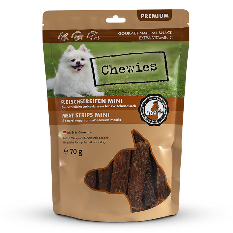 Chewies Fleischstreifen MINI - Geflügel Die herrlich fleischigen Hundesnacks von Chewies gibt es jetzt in klein - speziell für kleine Hunde