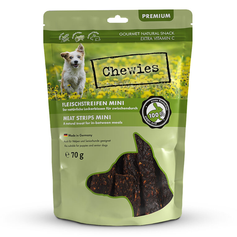 Chewies Fleischstreifen MINI - Kaninchen Die herrlich fleischigen Hundesnacks von Chewies gibt es jetzt in klein - speziell für kleine Hunde