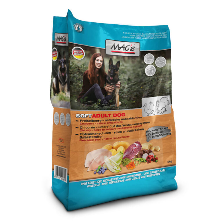 Mac’s - Trockenfutter - Soft Grain Free Das getreidefreie Mac’s Trockenfutter Soft Grain Free wurde speziell als Halbtrockenfutter mit extra viel Fleisch entwickelt und ist ein Leckerbissen für die kleinen und großen Feinschmecker. Die Kombination aus 40 % Hühnchenfleisch