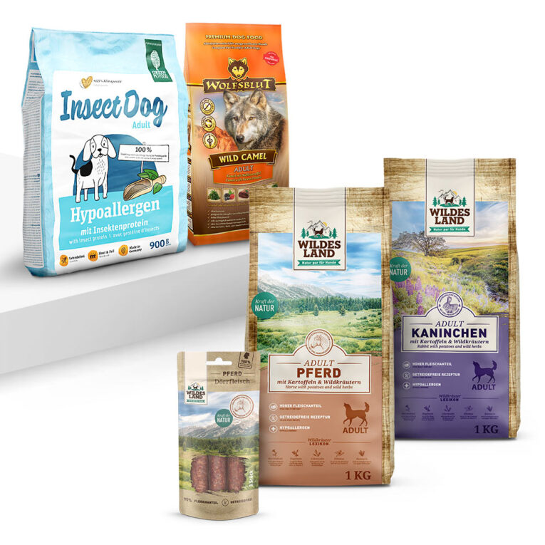 Hypoallergene Rezepturen Bei Allergien oder Futtermittelunverträglichkeiten Optimale Verträglichkeit Probierpaket Hypoallergen Trockenfutter Hypoallergenes Hundefutter ist speziell für Hunde mit Futtermittelallergien geeignet. Ernährungssensible Hunde benötigen ein Futter
