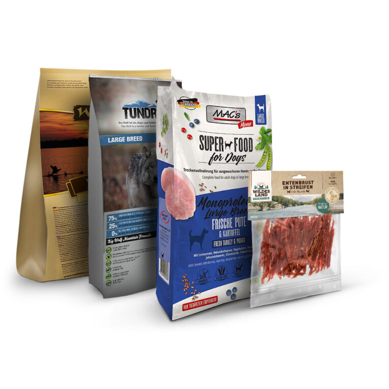 Getreidefreie Rezepturen Natürliche Inhaltsstoffe Optimale Verträglichkeit Hoher Fleischanteil Probierpaket Große Hunde Trockenfutter Das Trockenfutter ist besonders für die Bedürfnisse großer Hunderassen geeignet und weist einen positiven Effekt auf die Gelenkgesundheit auf. Das Trockenfutter wird auf natürliche Weise aus Zutaten in Lebensmittelqualität hergestellt und ist somit auch komplett frei von künstlichen Zusatzstoffen. Die einzigartigen