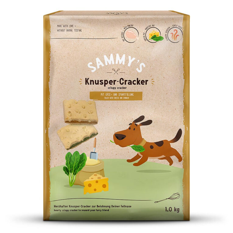 Bosch Hundesnacks Sammy's Knusper-Cracker Sammy’s Knuspercracker Herzhafter Knusper-Cracker zur Belohnung Ihrer Fellnase Käse gut - alles gut. Hier hat sich Sammy etwas ganz Besonderes ausgedacht: Lustige Ecken mit einem leckeren Mantel aus zartem Geflügel und feinem Weizenmehl vollgepackt mit ganz viel Käse oder Spinat. Diese herzhaft gebackenen Knusper-Cracker werden Ihrer Fellnase ein breites Lächeln ins Gesicht zaubern. Say Cheeese! Die Hundesnacks Sammy's Knusper-Cracker von Bosch im Überblick: Herzhaft-knusprige Cracker Mit Käse- und Spinatfüllung