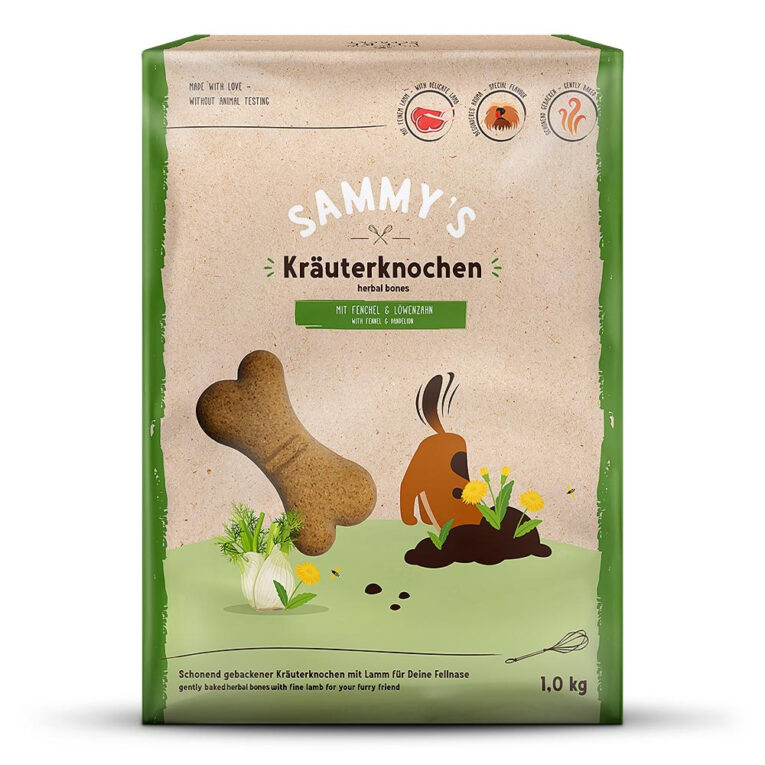 Bosch Hundesnacks Sammy's Kräuterknochen Sammy’s Kräuterknochen Schonend gebackener Kräuterknochen mit feinem Lamm für Ihre sensible Fellnase Sammy's erlesener Kräutermix aus Fenchel und Löwenzahn bringt Ihrer Fellnase die Erinnerung an laue Sommerabende und wildes Toben über bunte