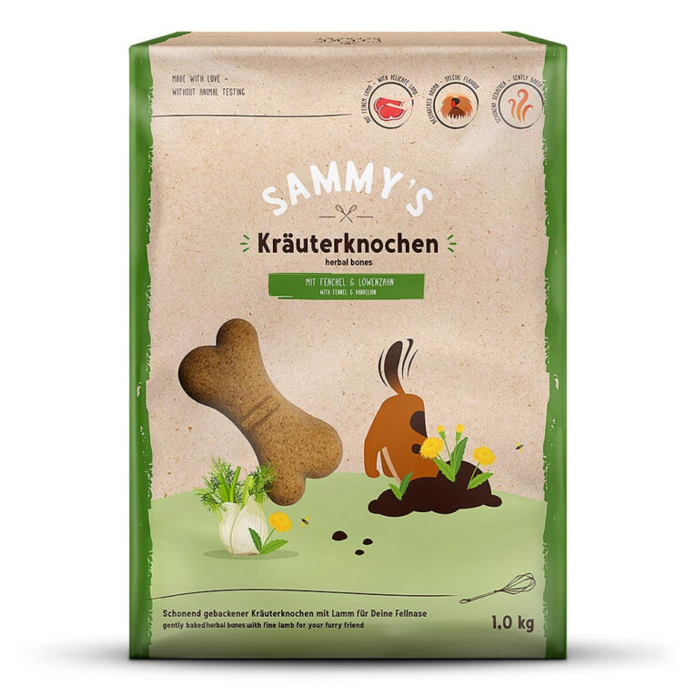 Bosch Hundesnacks Sammy's Kräuterknochen Sammy’s Kräuterknochen Schonend gebackener Kräuterknochen mit feinem Lamm für Ihre sensible Fellnase Sammy's erlesener Kräutermix aus Fenchel und Löwenzahn bringt Ihrer Fellnase die Erinnerung an laue Sommerabende und wildes Toben über bunte