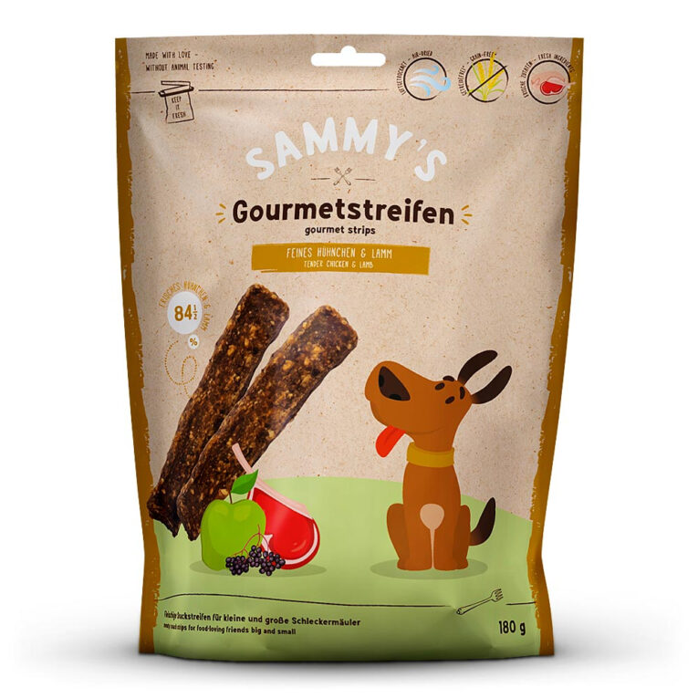 Bosch Hundesnacks Sammy's Gourmetstreifen Hühnchen & Lamm Sammy’s Gourmetstreifen Lamm & Hühnchen Feine Fleischstreifen für kleine und große Schleckermäuler Genuss pur - Sammys getreidefreie Gourmetstreifen aus frischem Hühnchen und feinem Lamm sind mit einem gesunden Mix aus knackigem Apfel und fruchtigen Holunderbeeren ein absolutes Feinschmeckererlebnis für Ihren vierbeinigen Liebling. Die erlesenen Zutaten dieses köstlichen Fleischsnacks werden schonend luftgetrocknet und behutsam verpackt. Ein köstlicher Leckerbissen