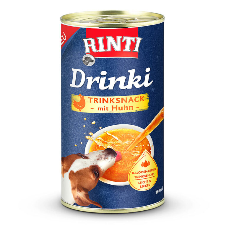 Rinti-Hundesnack-Drinki Trinksnack mit Huhn RINTI Drinki Trinksnack - Der kalorienarme Snack mit feinsten Fleischstückchen. • Trinksnack für Hunde • Motiviert zu höherer Flüssigkeitsaufnahme Rinti Drinki ist der kalorienarme Snack und so lecker mit feinsten Fleischstückchen