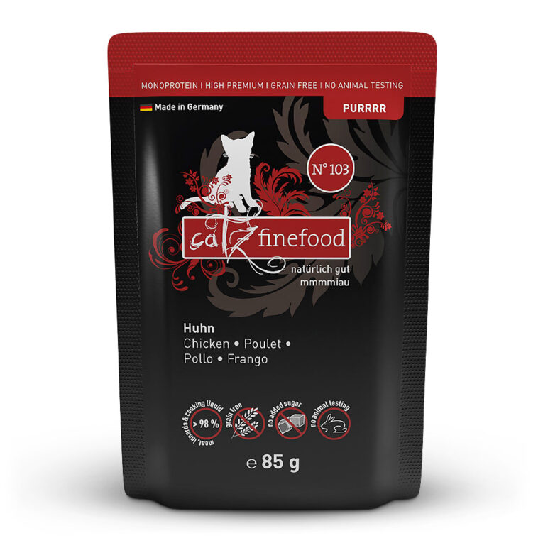 catz finefood - Nassfutter - Purrrr No. 103 Huhn (getreidefrei) Purrrr No. 103 Huhn ist ein allergenarmes Alleinfuttermittel mit nur einer tierischen Proteinquelle. Es ist nicht nur besonders schmackhaft