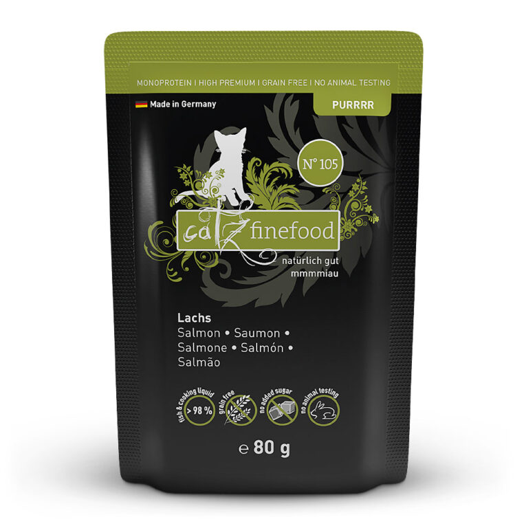 catz finefood - Nassfutter - Purrrr No. 105 Lachs (getreidefrei) Purrrr No. 105 Lachs ist ein allergenarmes Alleinfuttermittel mit nur einer tierischen Proteinquelle. Es ist nicht nur besonders schmackhaft