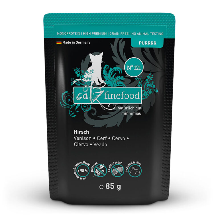 catz finefood - Nassfutter - Purrrr No.121 Hirsch Monoprotein-Feinkost für Katzen zur artgerechten Ernährung unserer Samtpfoten. catz finefood Purrrr N° 121 enthält leckeren und gut verträglichen Hirsch