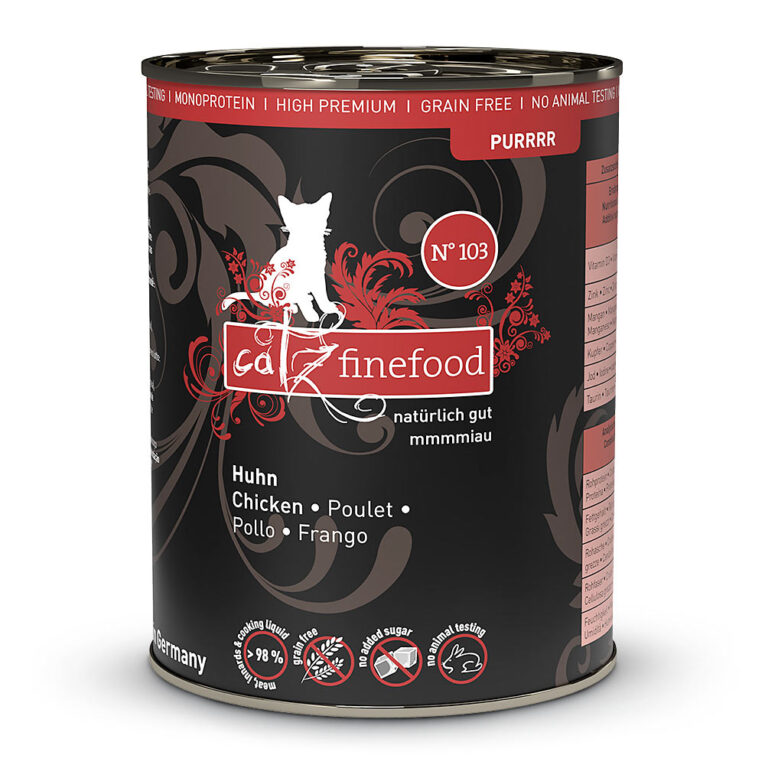 catz finefood - Nassfutter - Purrrr No. 103 Huhn (getreidefrei) Purrrr No. 103 Huhn ist ein allergenarmes Alleinfuttermittel mit nur einer tierischen Proteinquelle. Es ist nicht nur besonders schmackhaft