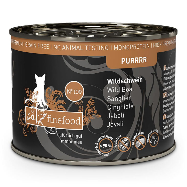 catz finefood - Nassfutter - Purrrr No. 109 Schwein (getreidefrei) Purrrr No. 109 Schwein ist ein allergenarmes Alleinfuttermittel mit nur einer tierischen Proteinquelle. Es ist nicht nur besonders schmackhaft