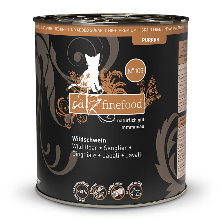 catz finefood - Nassfutter - Purrrr No. 109 Schwein (getreidefrei) Purrrr No. 109 Schwein ist ein allergenarmes Alleinfuttermittel mit nur einer tierischen Proteinquelle. Es ist nicht nur besonders schmackhaft