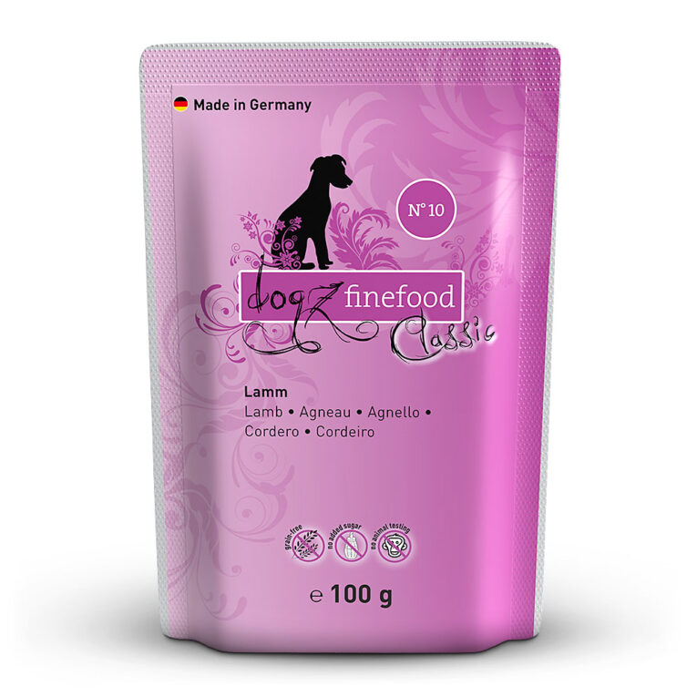 dogz finefood - Nassfutter - No.10 Lamm (getreidefrei) No.10 Nassfutter von dogz finefood bietet durch den hohen Lammfleischanteil eine artgerechte und getreidefreie Ernährung für ihren Hund. Weitere gesunde Zutaten w ie Preiselbeeren