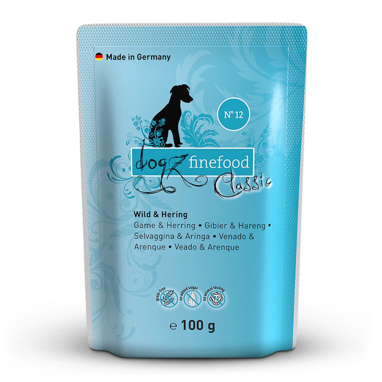 dogz finefood - Nassfutter - No.12 Wild & Hering (getreidefrei) No.12 Nassfutter von dogz finefood bietet durch den hohen Wild- und Heringsfleischanteil eine artgerechte und getreidefreie Ernährung für ihren Hund. Weitere gesunde Zutaten w ie Hirse