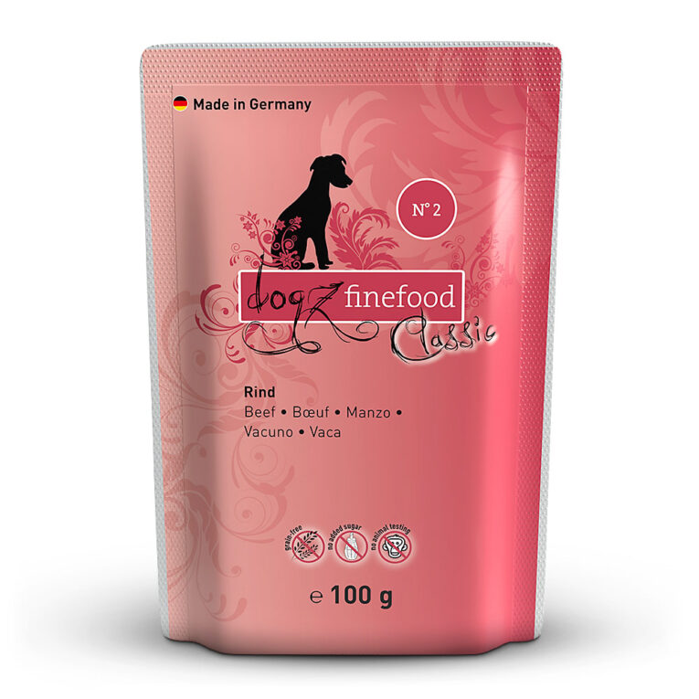 dogz finefood - Nassfutter - No.2 Rind (getreidefrei) No.2 Nassfutter von dogz finefood bietet durch den hohen Rindfleischanteil eine artgerechte und getreidefreie Ernährung für ihren Hund. Weitere gesunde Zutaten wie Kartoffeln