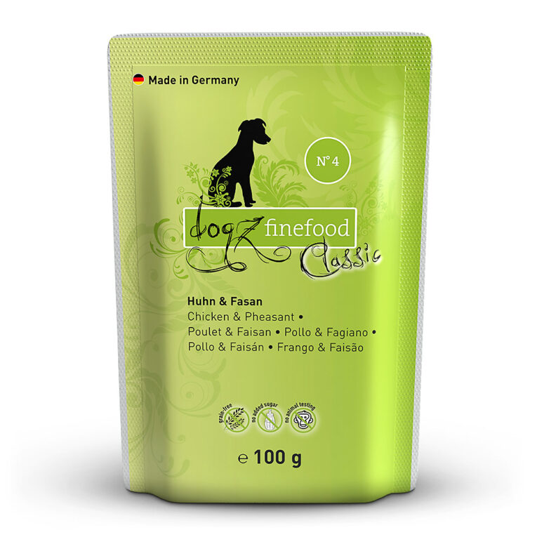 dogz finefood - Nassfutter - No.4 Huhn & Fasan (getreidefrei) No.4 Nassfutter von dogz finefood bietet durch den hohen Hühner- und Fasanenfleischanteil eine artgerechte und getreidefreie Ernährung für ihren Hund. Weitere gesunde Zutaten wie Reis