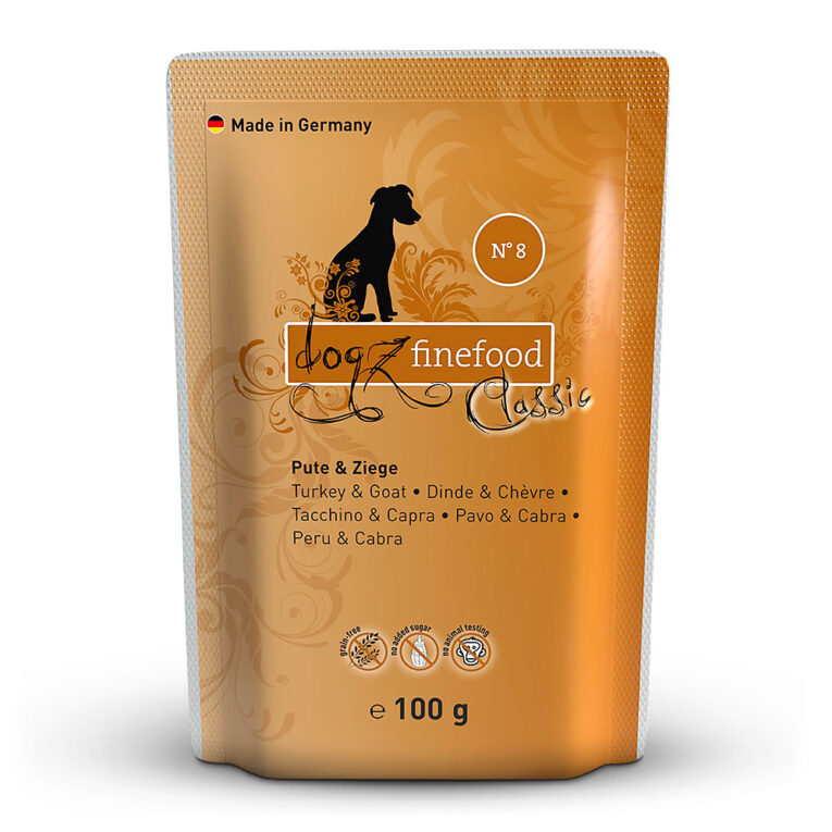 dogz finefood - Nassfutter - No.8 Pute & Ziege (getreidefrei) No.8 Nassfutter von dogz finefood bietet durch den hohen Puten- und Ziegenfleisch eine artgerechte und getreidefreie Ernährung für ihren Hund. Weitere gesunde Zutaten wie Amaranth