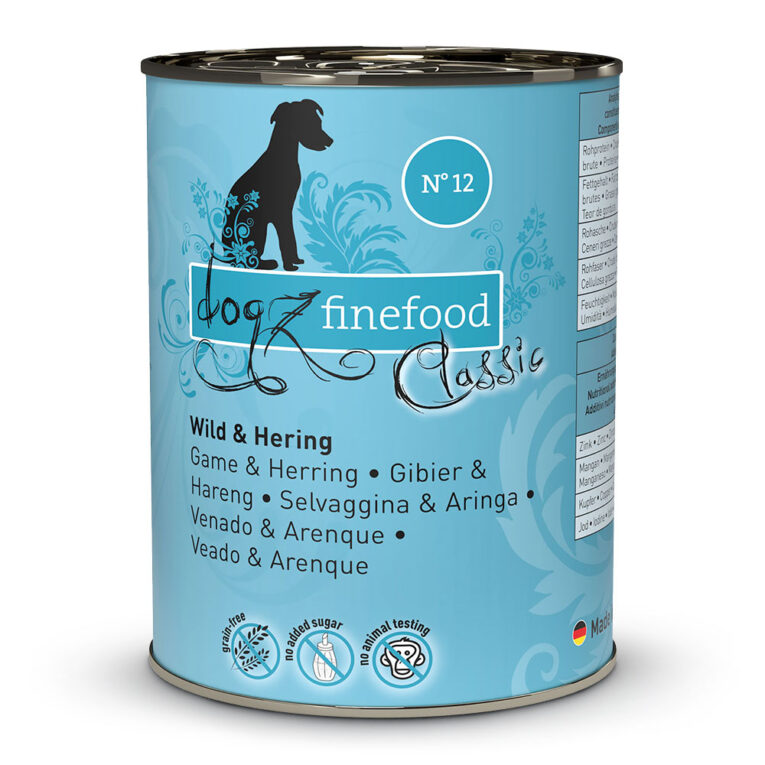 dogz finefood No.12 Wild & Hering No.12 Nassfutter von dogz finefood bietet durch den hohen Wild- und Heringsfleischanteil eine artgerechte und getreidefreie Ernährung für ihren Hund. Weitere gesunde Zutaten w ie Hirse