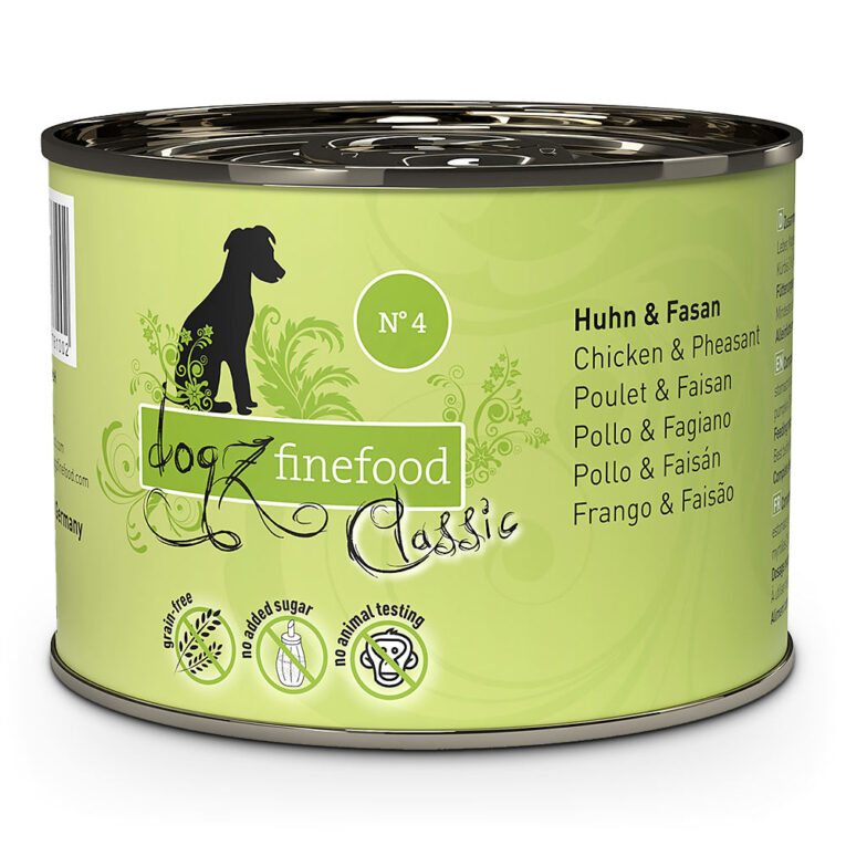 dogz finefood No.4 Huhn & Fasan No.4 Nassfutter von dogz finefood bietet durch den hohen Hühner- und Fasanenfleischanteil eine artgerechte und getreidefreie Ernährung für ihren Hund. Weitere gesunde Zutaten wie Reis