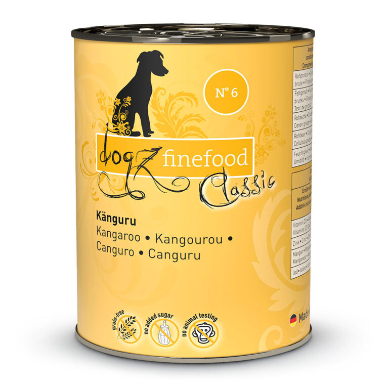 dogz finefood No.6 Känguru No.6 Nassfutter von dogz finefood bietet durch den hohen Kängurufleischanteil eine artgerechte und getreidefreie Ernährung für ihren Hund. Weitere gesunde Zutaten wie Kartoffel und Hagebutte runden das Nassfutter optimal ab. dogz finefood wird garantiert ohne Konservierungsstoffe