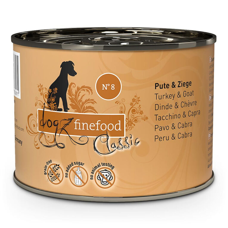 dogz finefood No.8 Pute & Ziege No.8 Nassfutter von dogz finefood bietet durch den hohen Puten- und Ziegenfleischanteil eine artgerechte und getreidefreie Ernährung für ihren Hund. Weitere gesunde Zutaten wie Amaranth