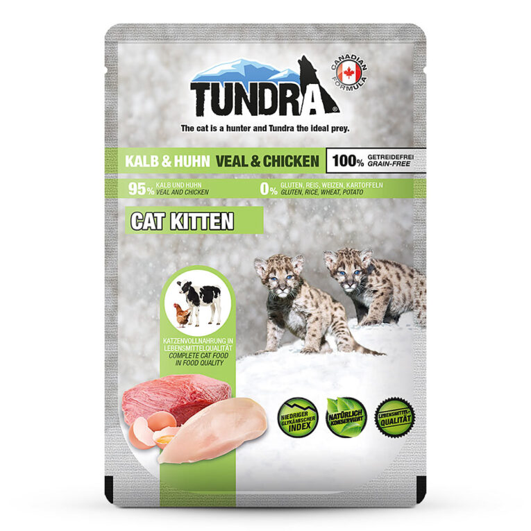 Tundra Cat Kitten Kalb & Huhn Nassfutter Der Schneeleopard ist ein Jäger und Tundra die ideale Beute! In den felsigen Hochebenen der Tundra lebt der Schneeleopard. Mit scharfen Sinnen und angespannten Muskeln lauert er seiner Beute auf und nutzt all seine Instinkte für den perfekten Moment. Bei der Entwicklung unserer Tundra-Produktlinie haben wir uns streng daran orientiert