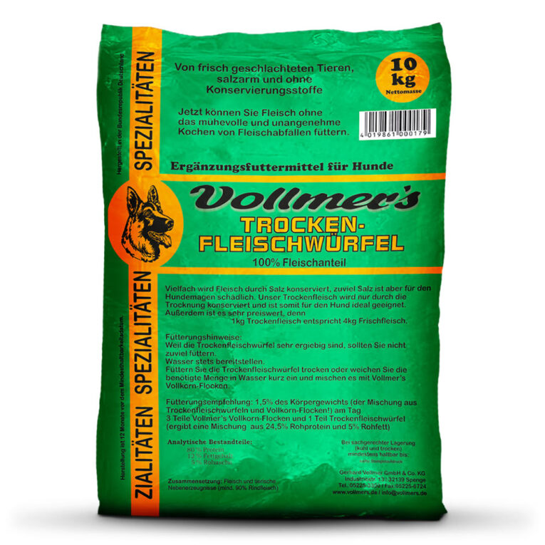 Vollmer’s - Ergänzungsfutter - Trockenfleischwürfel (getreidefrei) Das Ergänzungsfutter Vollmer’s Trockenfleischwürfel besteht zu 100% aus Fleisch und tierischen Erzeugnissen. Das Fleisch stammt von heimischen Rindern