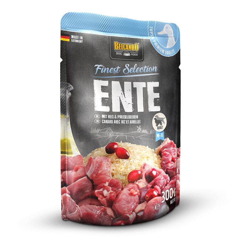 Belcando - Nassfutter - Ente mit Reis & Preiselbeeren (weizenfrei) Das Nassfutter Ente mit Reis & Preiselbeeren von Belcando beinhaltet bestes Fleisch