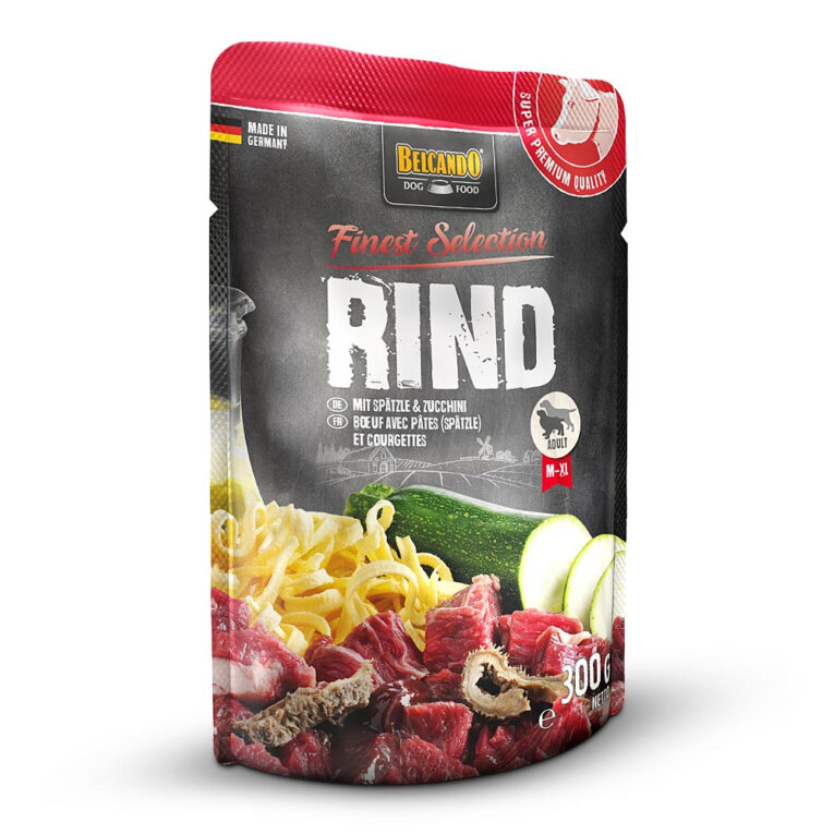 Belcando - Nassfutter - Rind mit Spätzle & Zucchini (weizenfrei) Das Nassfutter Rind mit Spätzle & Zucchini beinhaltet bestes Fleisch