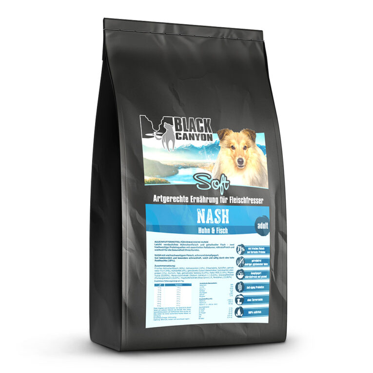 Black Canyon NASH Soft Trockenfutter Alleinfuttermittel für ausgewachsene Hunde. Leicht verdauliches Hühnchenfleisch und gehaltvoller Fisch - zwei hochwertige Proteinquellen mit essentiellen Fettsäuren