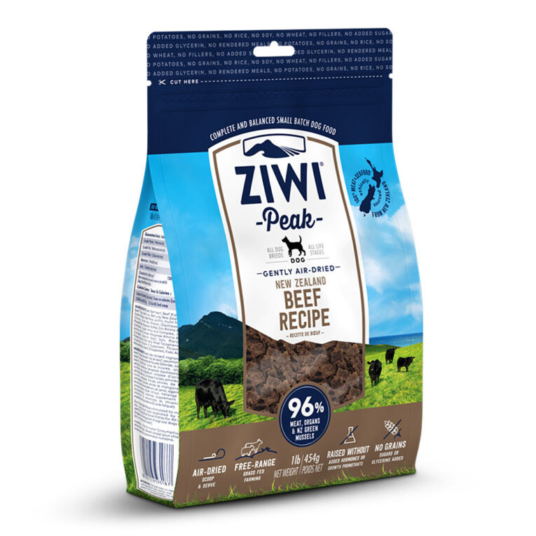 Ziwi Peak - Trockenfutter - Air Dried Dog Food Beef (getreidefrei) Das luftgetrocknete Ziwi Peak Hundefutter Air Dried Beef ist ein hochwertiges Alleinfuttermittel für Hunde aller Rassen und Altersstufen. Die Zusammensetzung mit reichlich Rindfleisch und Rinderinnereien macht das Hundefutter dabei besonders schmackhaft. Zur Verfeinerung enthält das Trockenfutter Seetang