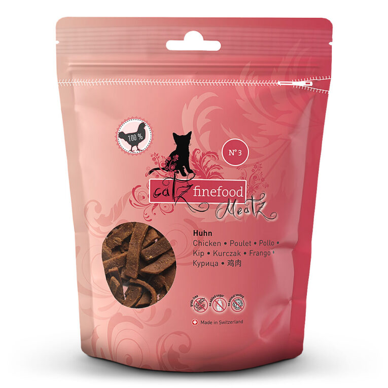 catz finefood - Katzensnack - Meatz No.3 Huhn (getreidefrei) Die Meatz No.3 Huhn von catz finefood sind ein schmackhafter Snack aus knusprigen Hähnchenstreifen. Für ein besonders leckeres Aroma wurden die Fleischstreifen gegrillt und im Anschluss schonend getrocknet. Neben Hühnerfleisch als einzige Proteinquelle enthalten die catz finefood Meatz No.3 Huhn wertvollen Grünlippmuschelextrakt