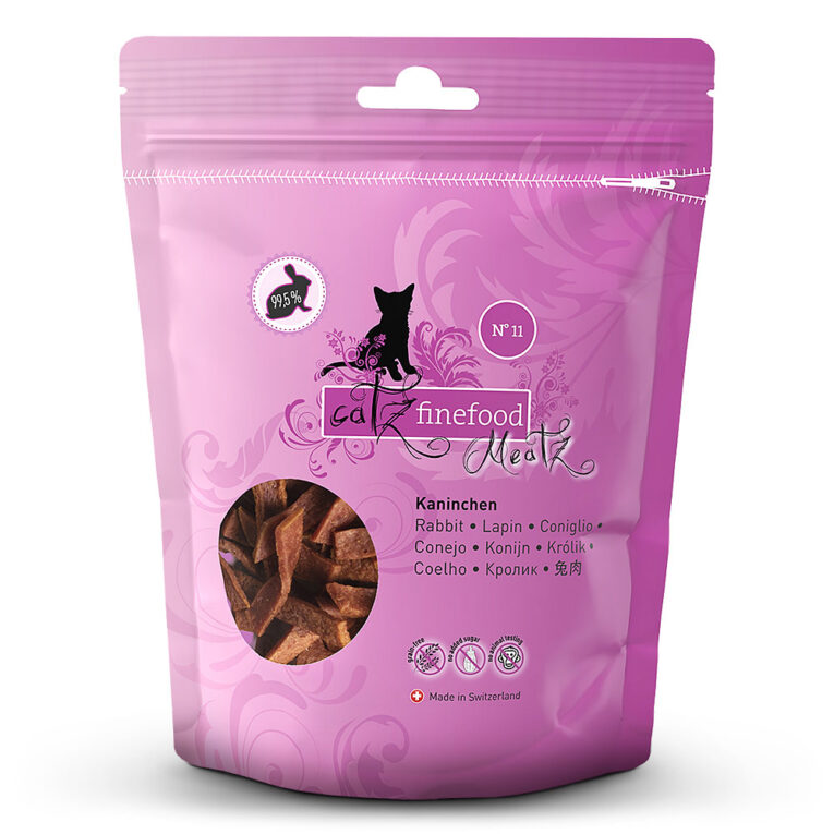 Catz finefood Meatz N°11 Kaninchen Snack Unsere catz finefood Meatz sind gegrillte und getrocknete Leckerli mit einem Fleischanteil bis zu 100 %. Die Snacks Meatz N°11 Kaninchen von Catz finefood im Überblick: Monoprotein Hoher Fleischanteil