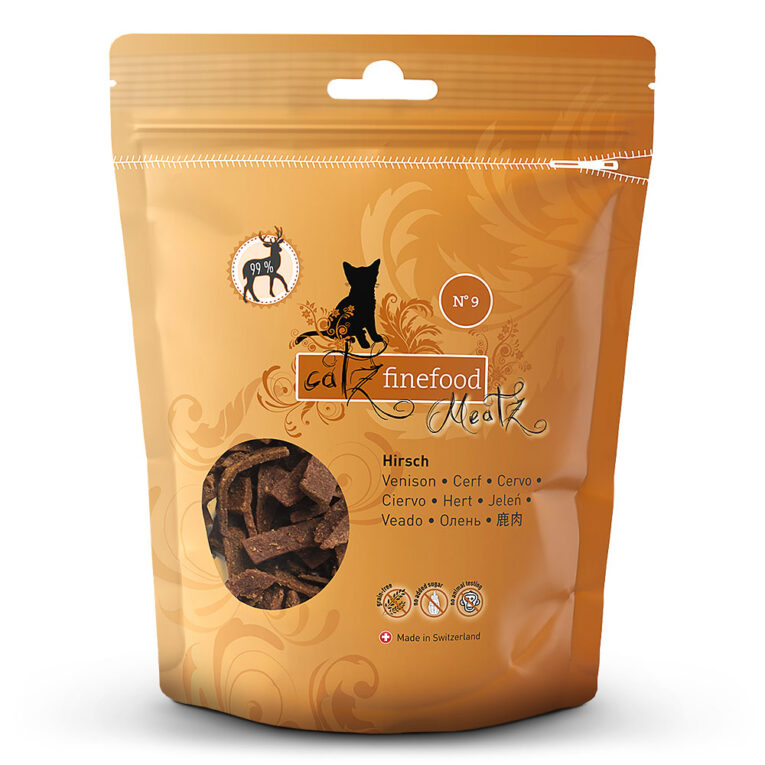 Catz finefood Meatz N°9 Hirsch Snack Unsere catz finefood Meatz sind gegrillte und getrocknete Leckerli mit einem Fleischanteil bis zu 100 %. Die Snacks Meatz N°9 Hirsch von Catz finefood im Überblick: Monoprotein Hoher Fleischanteil