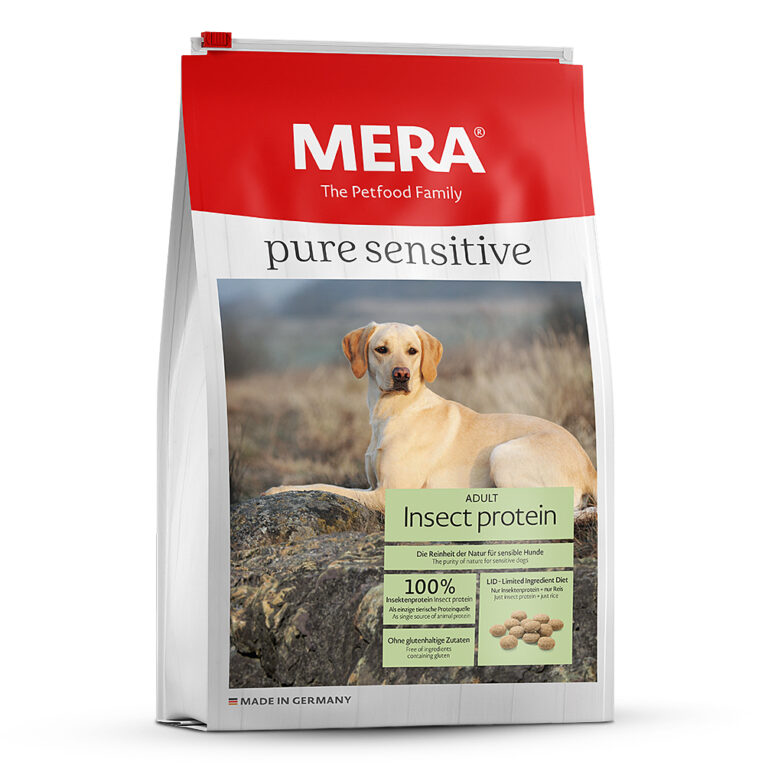 Mera Pure Sensitive Insect Protein Trockenfutter Das Trockenfutter pure sensitive Insect Protein ist besonders für sensible Hunde geeignet. Mit Larven der Hermetia illucens (Schwarze Soldatenfliege) als einziger tierischen Proteinquelle und leicht verdaulichem Reis verzichten wir in der Rezeptur auf glutenhaltige Zutaten. Die hoch verdauliche Rezeptur ist nach dem Limited Ingredient Diet (L.I.D.) Prinzip konzipiert und in seiner Zusammensetzung auf die wesentlichen Zutaten für sensible Hunde konzentriert. Das Risiko von Nahrungsunverträglichkeiten und Allergien kann so minimiert werden. Alle Zutaten und Rohstoffe der "pure sensitive" Rezepturen werden regelmäßig auf ihre hochwertige Qualtität geprüft und ausschließlich von unseren vertrauenswürdigen und zertifizierten Lieferanten bezogen. Darauf haben wir ganz bewusst in der Rezeptur verzichtet: Weizen und Gerste (Gluten)