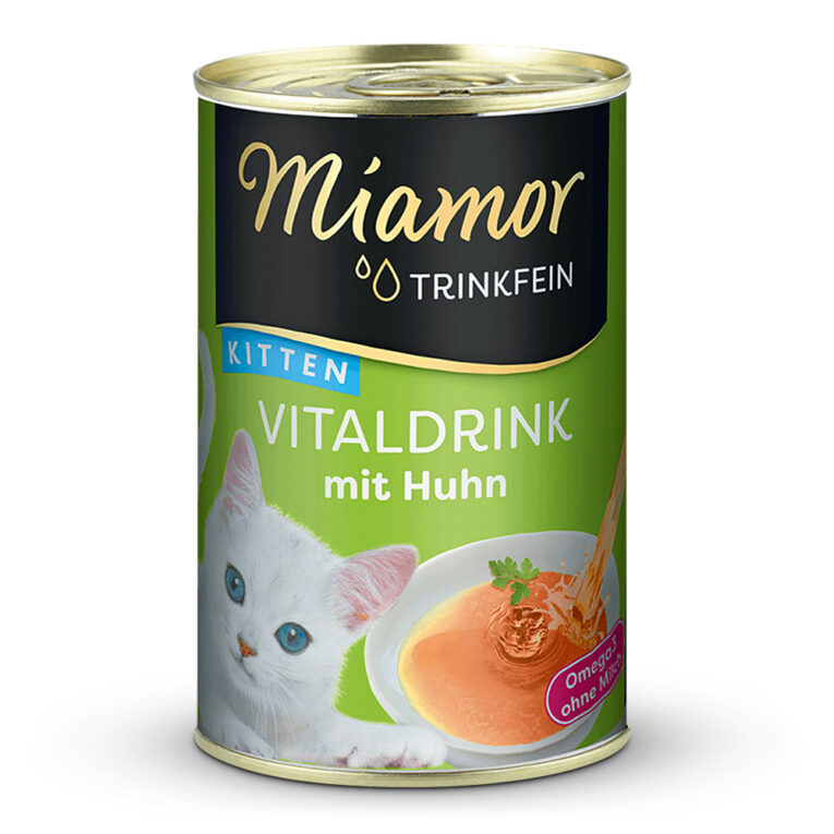 Miamor – Ergänzungsfutter – Trinkfein Vitaldrink Kitten mit Huhn Miamor Trinkfein Vitaldrink Kitten mit Huhn. Katzengetränk mit feinsten Fleischstückchen. Motiviert zu höherer Flüssigkeitsaufnahme. Mit Omega 3 aus Thunfischöl. Wenn keine ausreichende Menge an Flüssigkeiten aufgenommen wird