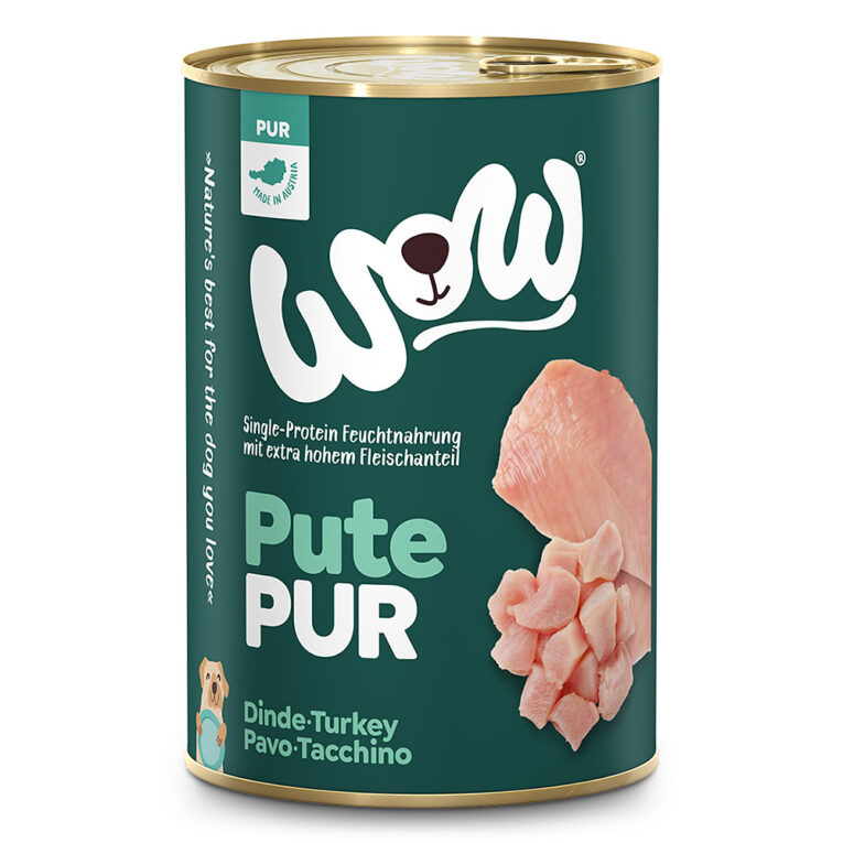 WOW - Nassfutter - Pur Pute (getreidefrei) Pur Pute von WOW ist ein getreidefreies Single-Protein Futter für ausgewachsene Hunde. Die Rezeptur enthält 100% pures Rindfleisch sowie Innereien von der Pute und ist somit auch für sensible Fellsnasen bestens geeignet. Bei der Herstellung der Reinfleischdosen werden ausschließlich Rohstoffe höchster Qualität verarbeitet wodurch das Nassfutter besonders gut verdaulich ist. Die Dose kann Pur oder in Verbindung mit einer Obst & Gemüse Dose gefüttert werden. Dank des hohen Fleischanteils ist das Nassfutter darüberhinaus noch besonders saftig im Geschmack und erfreut sich unter Hunden großer Beliebtheit. Bei der Herstellung des Hundesfutters verzichtet die Firma WOW konsequent auf den Zusatz von Gluten