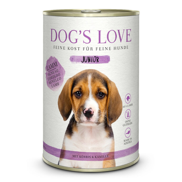 Dog’s Love - Nassfutter - Junior Lamm mit Kürbis und Kamille (getreidefrei) Das Nassfutter Junior Lamm mit Kürbis und Kamille ist ein schmackhaftes Alleinfuttermittel. Lammfleisch liefert wertvolles Eiweiß und Kürbis und Kamille sorgen für ausreichend Vitamine. Das Junior Lamm mit Kürbis und Kamille ist leicht verdaulich