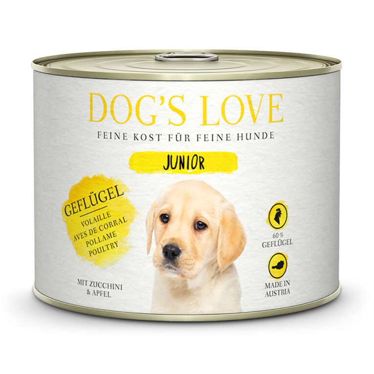 Dog’s Love - Nassfutter - Junior Geflügel mit Zucchini und Apfel (getreidefrei) Das Nassfutter Junior Geflügel mit Zucchini und Apfel ist ein schmackhaftes Alleinfuttermittel. Frisches Geflügelfleisch liefert wertvolles Eiweiß und Zucchini und Apfel sorgen für ausreichend Vitamine und Vitalstoffe. Das leckere Fleischmenü ist leicht verdaulich