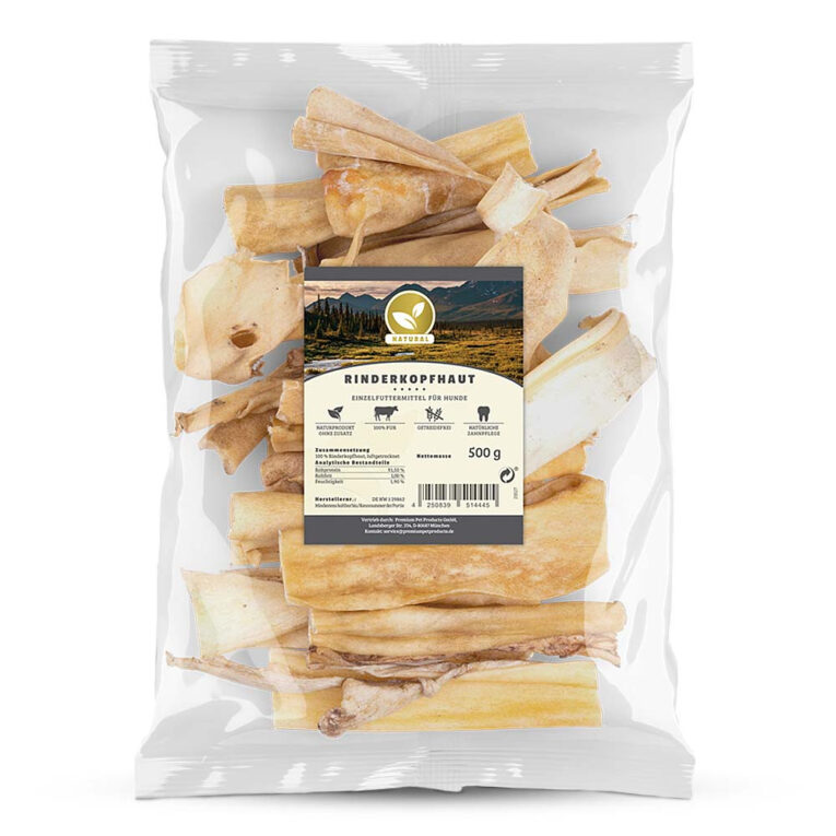 Natural - Kausnack - Rinderkopfhaut Rinderkopfhaut von Natural ist ein schonend luftgetrockneter Kausnack für Ihren Hund. Der fettarme