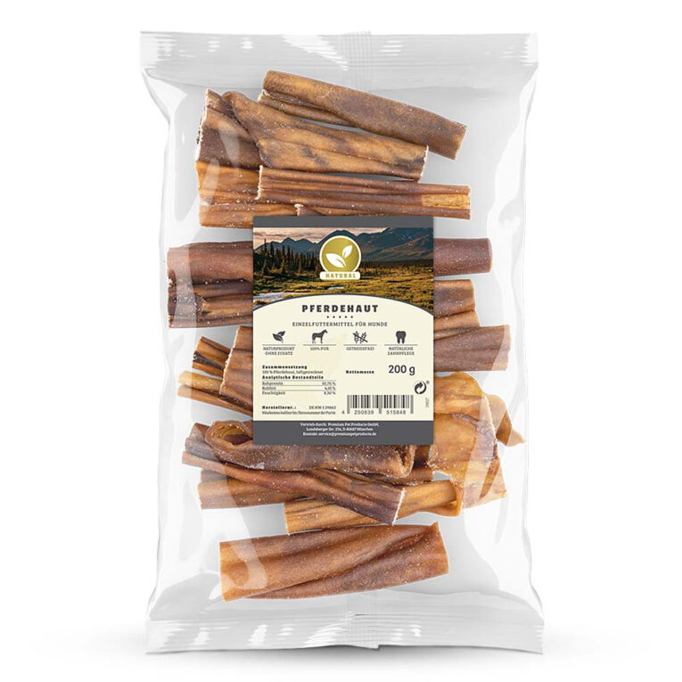 Natural - Kausnack - Pferdehaut Die Pferdehaut von Naural ist eine ideale Belohnung für Ihren Liebling oder ein schmackhafter Snack für zwischendurch und eignet sich besonders auch bei Allergien oder Futtermittelunverträglichkeiten. Bei der Herstellung werden keine Farb- und Konservierungsstoffe eingesetzt – das Fleisch wird lediglich schonend getrocknet und kann so gut gelagert werden und besitzt einen angenehmen Geruch