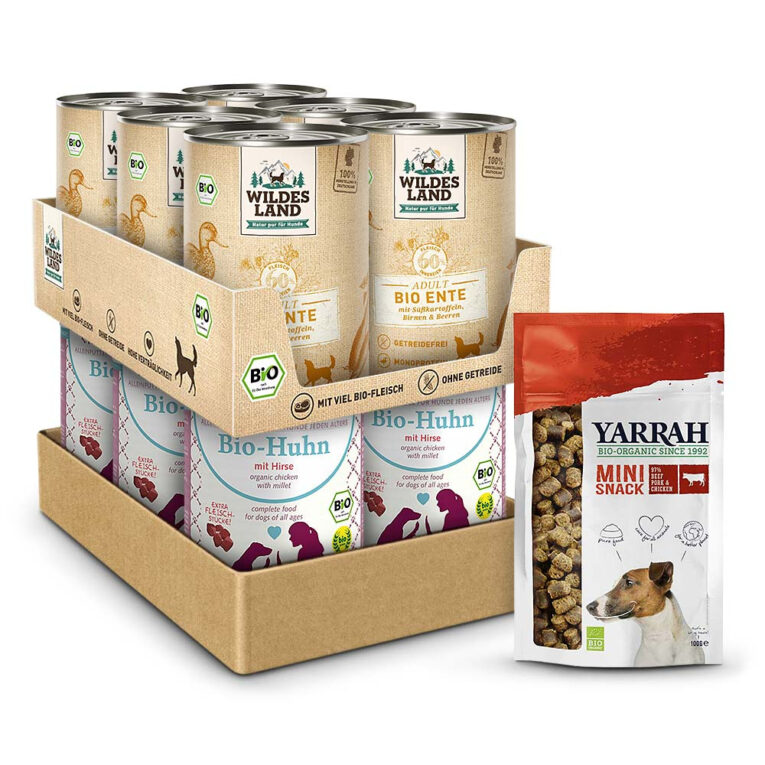 Bio-Zutaten Ohne künstlichen Konservierungsstoffe Viel Bio-Fleisch Probierpaket Bio Nassfutter klein Das Bio Nassfutter Probierpaket für Hunde bringt Natur in den Napf. Alle verwendeten Zutaten wie Fleisch